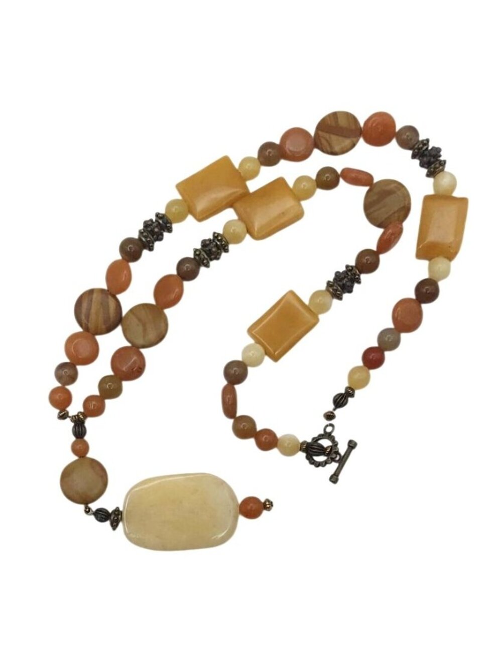 Vintage Polished Agate Stone Beaded Statement Necklace With Toggle Clasp Boho